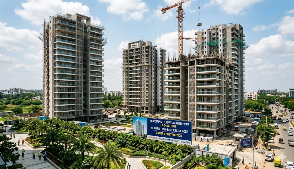Modern high-rise residential apartment buildings under construction in Bangalore's top growth corridors like Whitefield and Sarjapur Road.